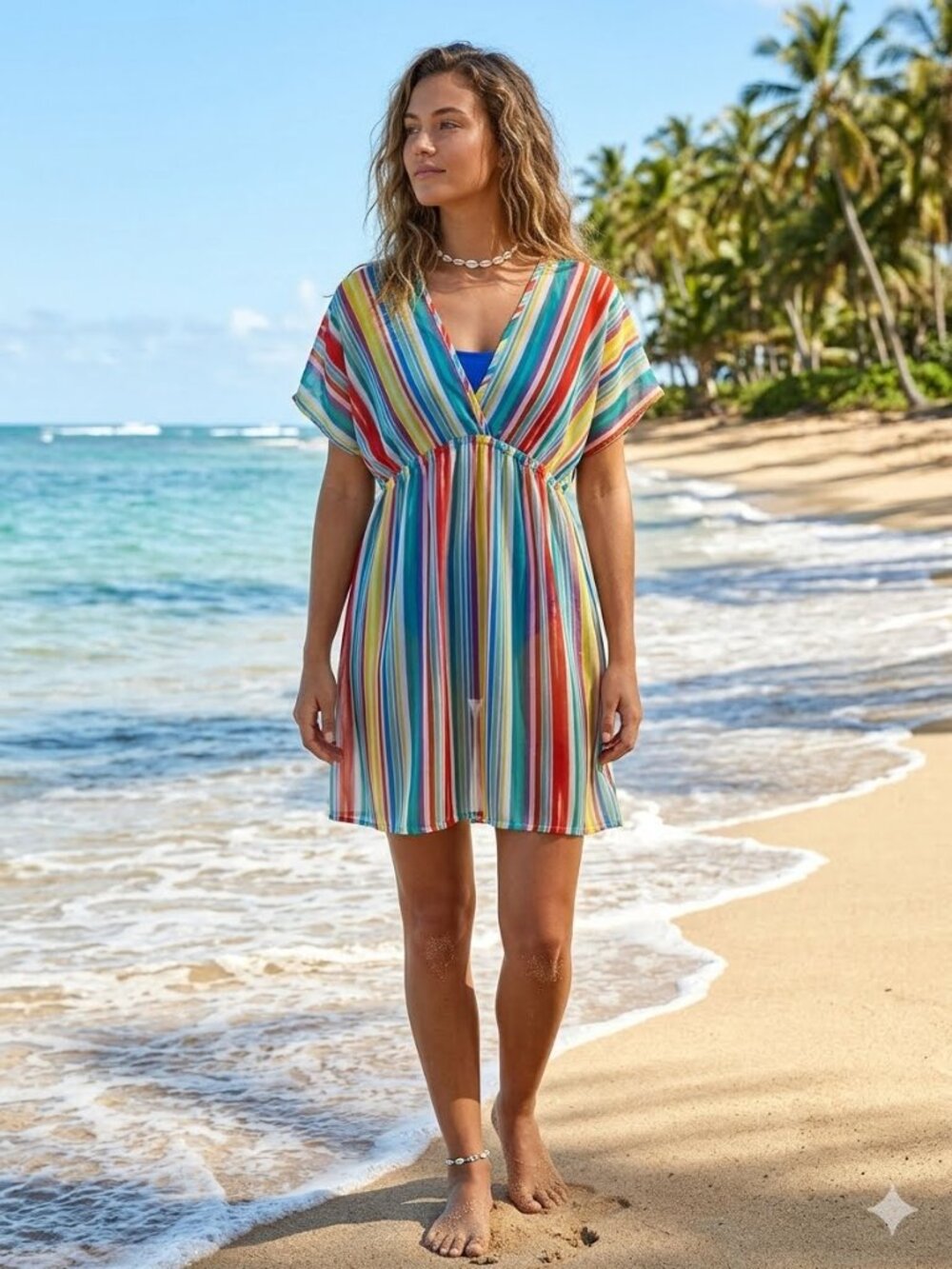 PORTOCRUZ Vertical Striped Swim Coverup Mini Dress